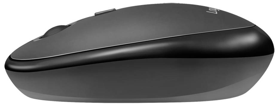 Schwarze kabellose Computermaus mit ergonomischem Design und zwei seitlichen Tasten. Ideal für komfortables Arbeiten am PC.