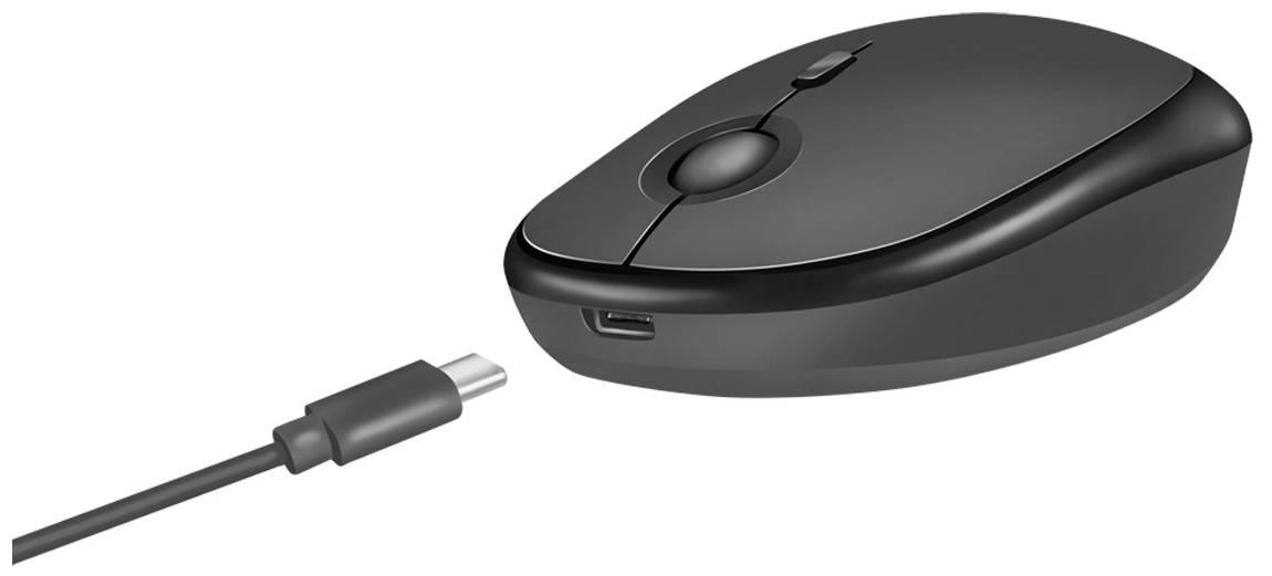 Eine schwarze, kabellose Computermaus mit einem USB-C-Kabel, das daneben liegt, auf weißem Hintergrund.