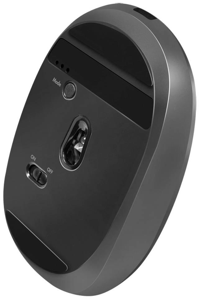 Eine Computermaus von unten, zeigt das optische Sensorfenster, einen Modus-Schalter und einen Ein-/Ausschalter, in schwarzem Gehäuse.