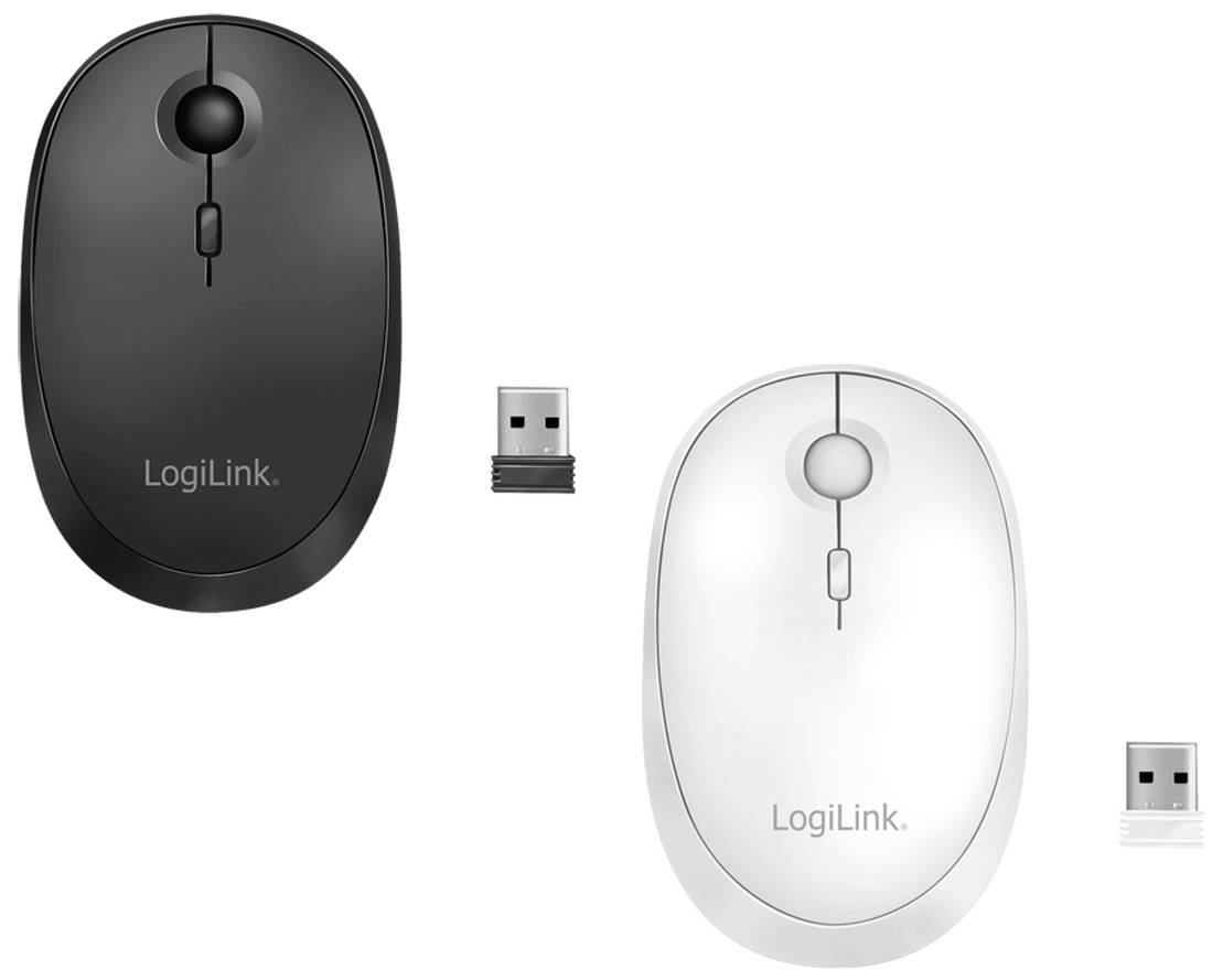 Zwei kabellose LogiLink-Mäuse in schwarz und weiß mit USB-Empfängern.