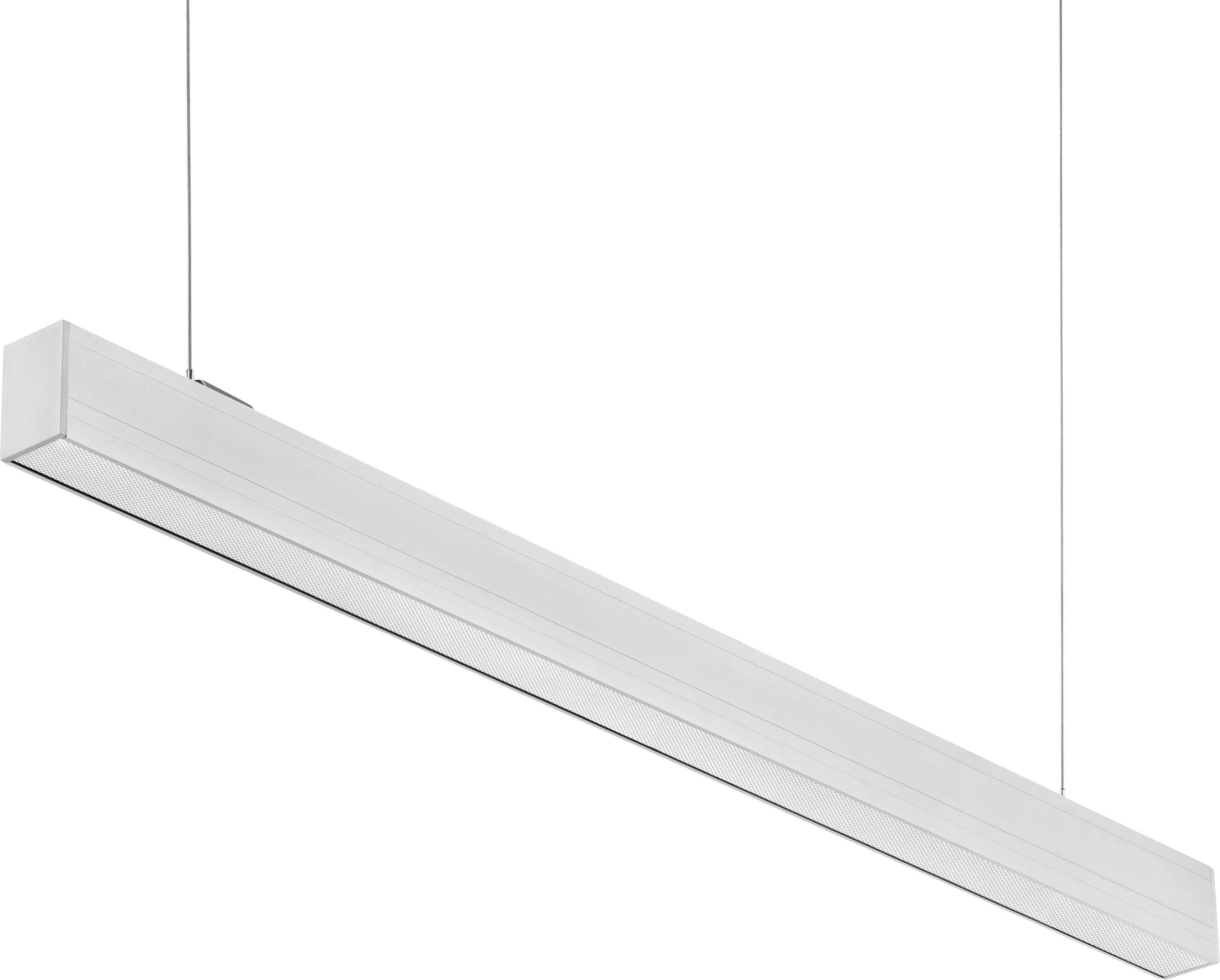 Lange, moderne, hängende LED-Leuchte mit schlankem, rechteckigem Design, geeignet für Büro- oder Wohnraumbeleuchtung.