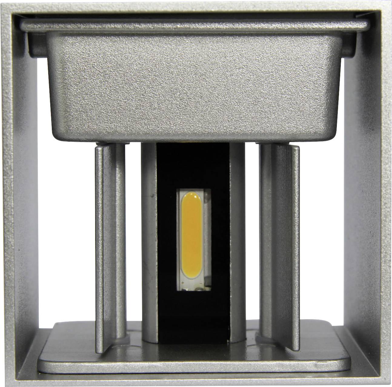 Silberne, quadratische LED-Wandleuchte mit gelbem Lichtelement in der Mitte. Geeignet für moderne Außenbereiche zur Beleuchtung.
