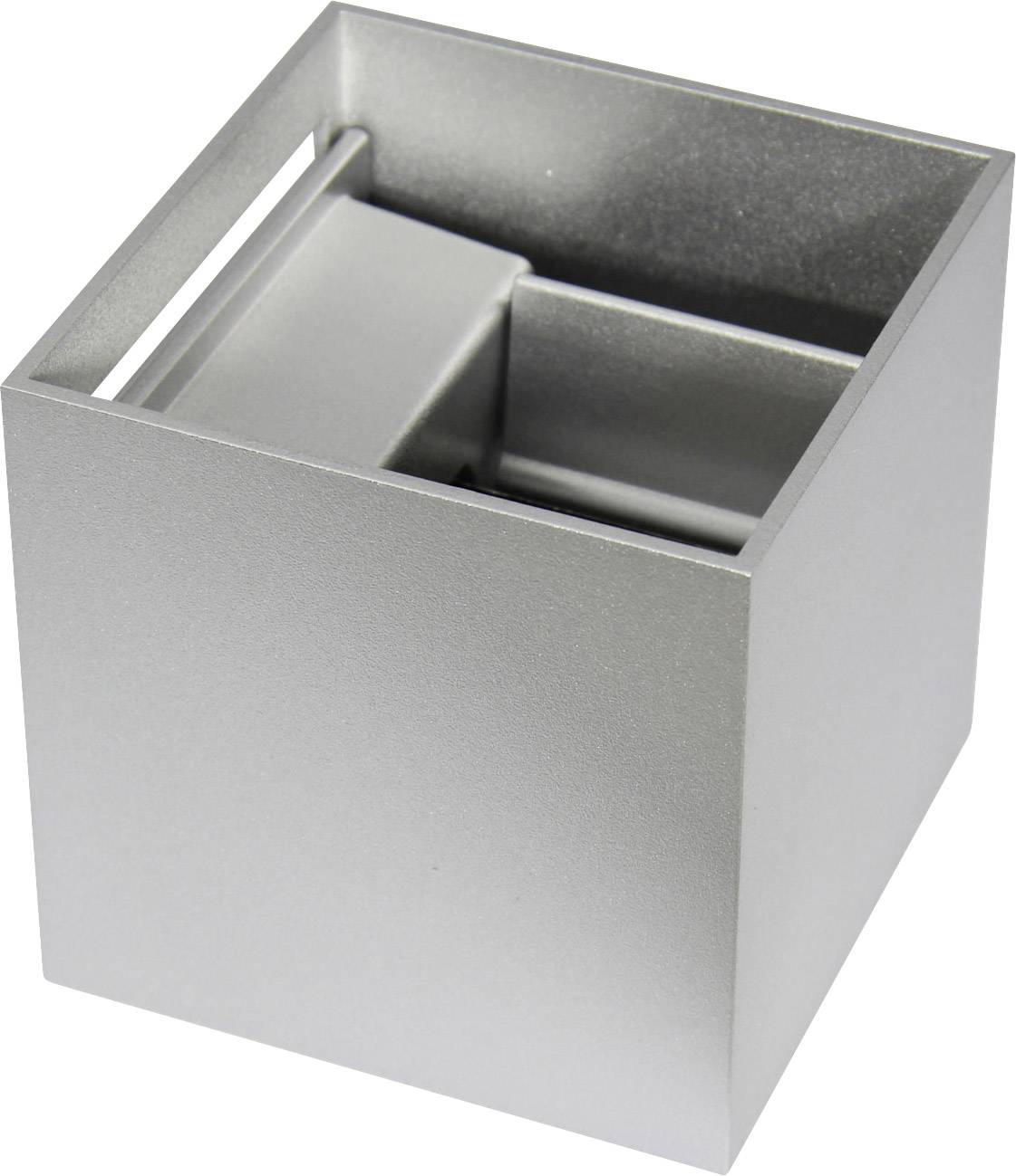Ein silberner, quadratischer Metallbehälter mit offenem Deckel. Ideal zur Aufbewahrung kleinerer Gegenstände auf einem Schreibtisch.