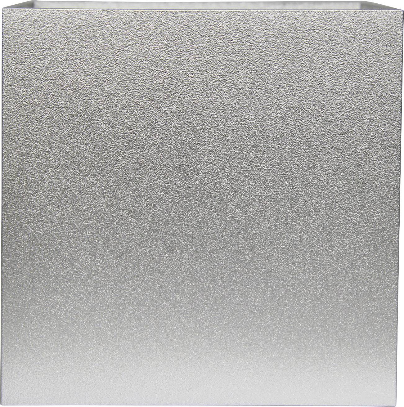 Metallische, rechteckige Vase mit strukturierter Oberfläche. Sie ist Silber-grau und leer.