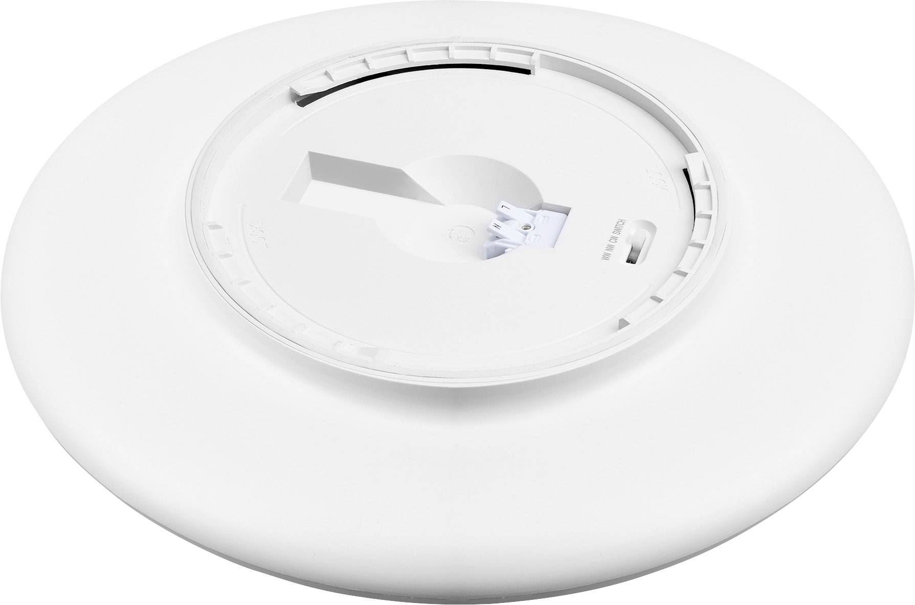Ein weißes, rundes Wand- oder Deckenmontageteil zur Aufnahme eines elektronischen Geräts. Es zeigt das Innere mit einer Halterung.