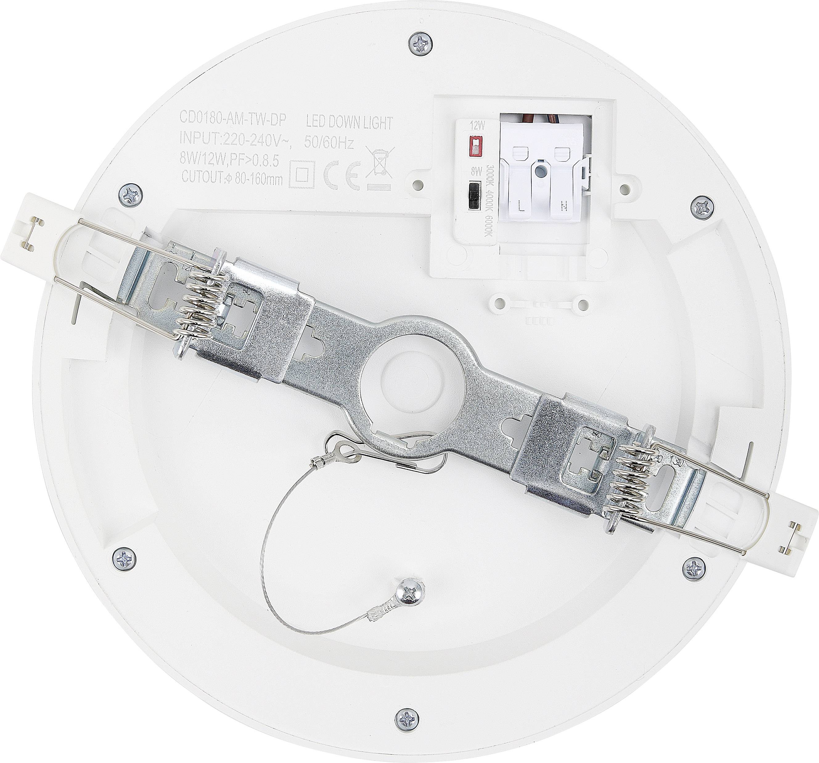 Deckenleuchte von unten mit Metallhalterung und Kabelanschluss. Text auf der Leuchte: 'LED Downlight 8W/12W'.