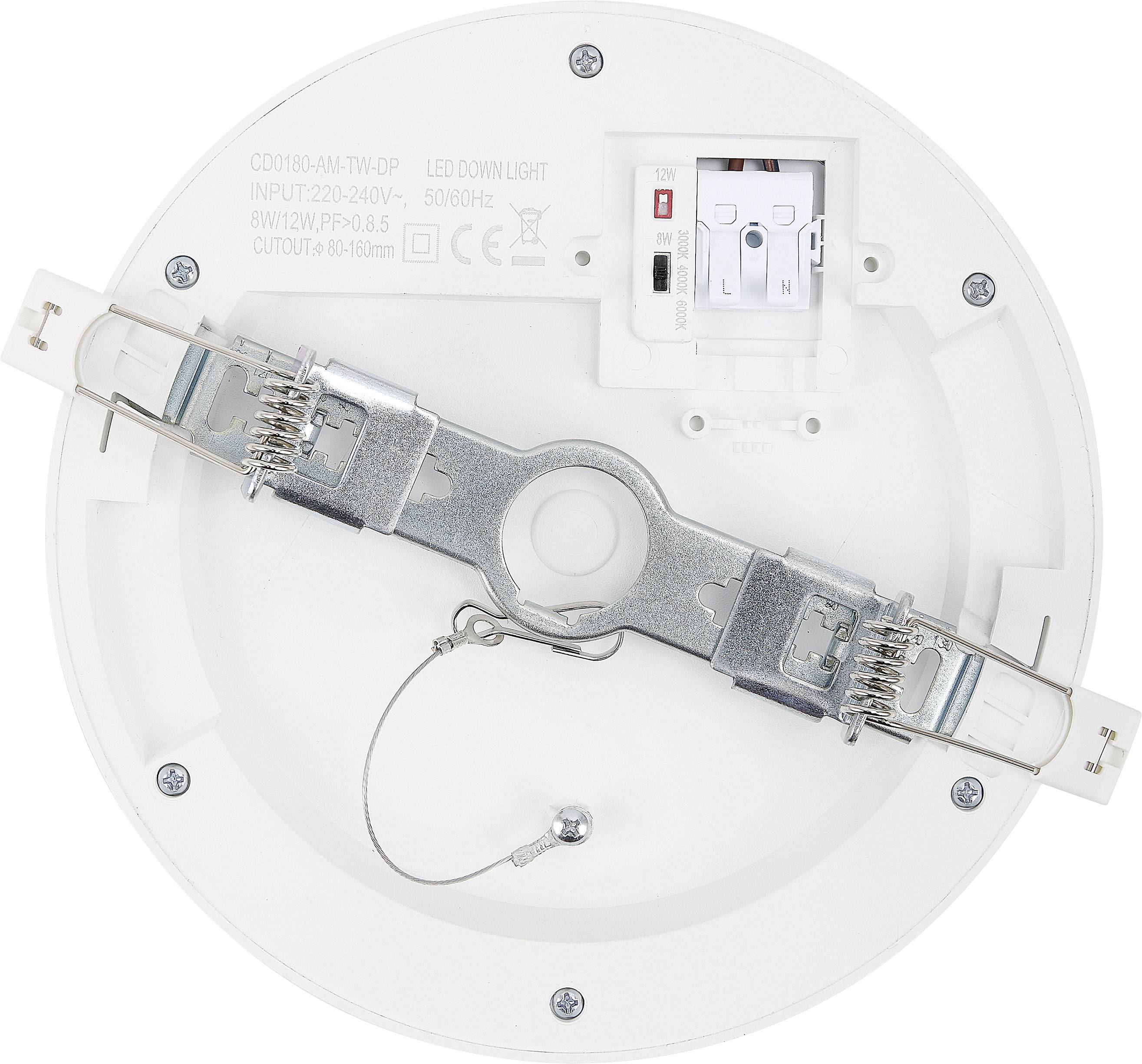 Runde LED-Deckeneinbauleuchte mit Metallklammern und Stromanschluss. Text auf der Leuchte: 'LED downlight 8W/12W'.