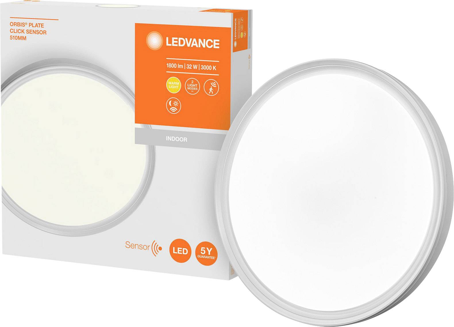 LEDVANCE 4058075472853 Orbis LED-Deckenleuchte mit Bewegungsmelder 32W Weiß, Silber