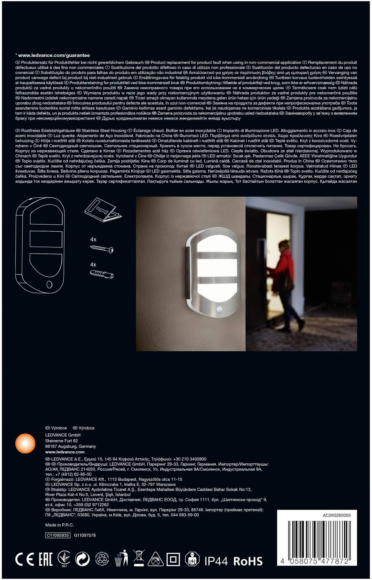 LEDVANCE Endura Style Plate Sensor 4058075477872 LED-Außenwandleuchte mit Bewegungsmelder 12.50W Stahl