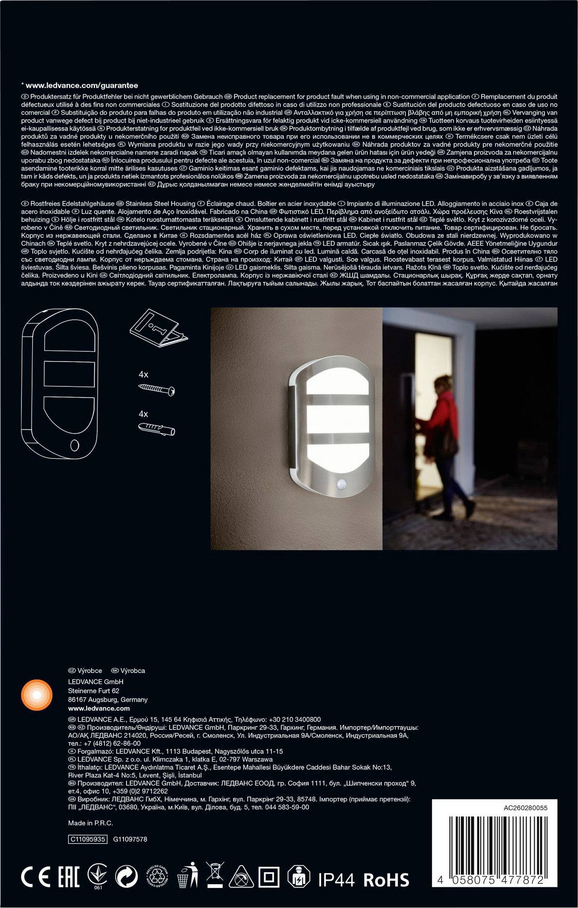 LEDVANCE Endura Style Plate Sensor 4058075477872 LED-Außenwandleuchte mit Bewegungsmelder 12.50W Stahl