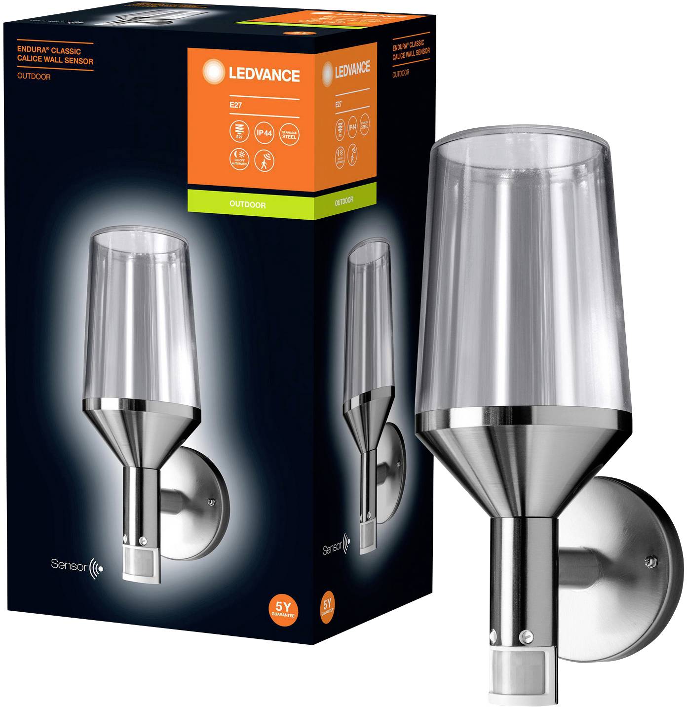 LEDVANCE Endura Classic Calice Sensor 4058075477971 Außenwandleuchte mit Bewegungsmelder LED E27 Edelstahl, Transparent, Glas