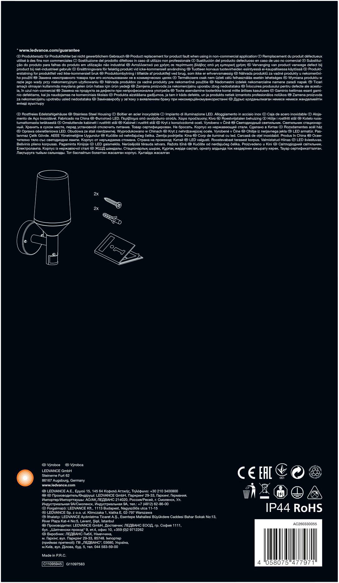 LEDVANCE Endura Classic Calice Sensor 4058075477971 Außenwandleuchte mit Bewegungsmelder LED E27 Edelstahl, Transparent, Glas