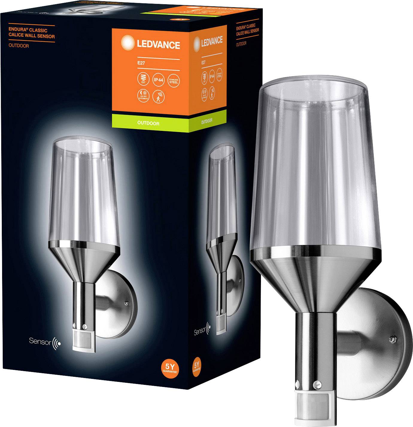 LEDVANCE Endura Classic Calice Sensor 4058075477971 Außenwandleuchte mit Bewegungsmelder LED E27 Edelstahl, Transparent, Glas