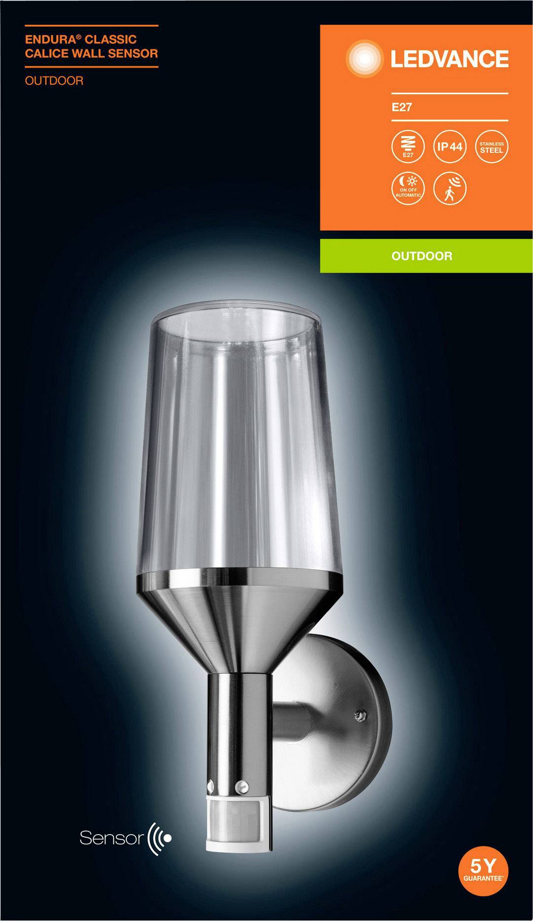 LEDVANCE Endura Classic Calice Sensor 4058075477971 Außenwandleuchte mit Bewegungsmelder LED E27 Edelstahl, Transparent, Glas
