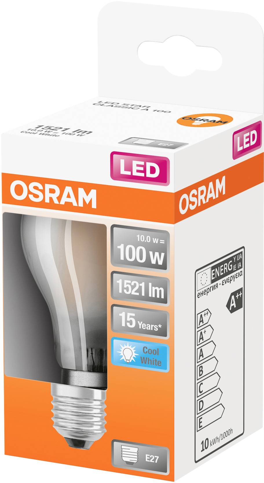 LED-Lampe von OSRAM in Verpackung mit 100 W Äquivalent, 1521 lm, 'Cool White', E27 Fassung, Energieklasse A++, Lebensdauer 15 Jahre.