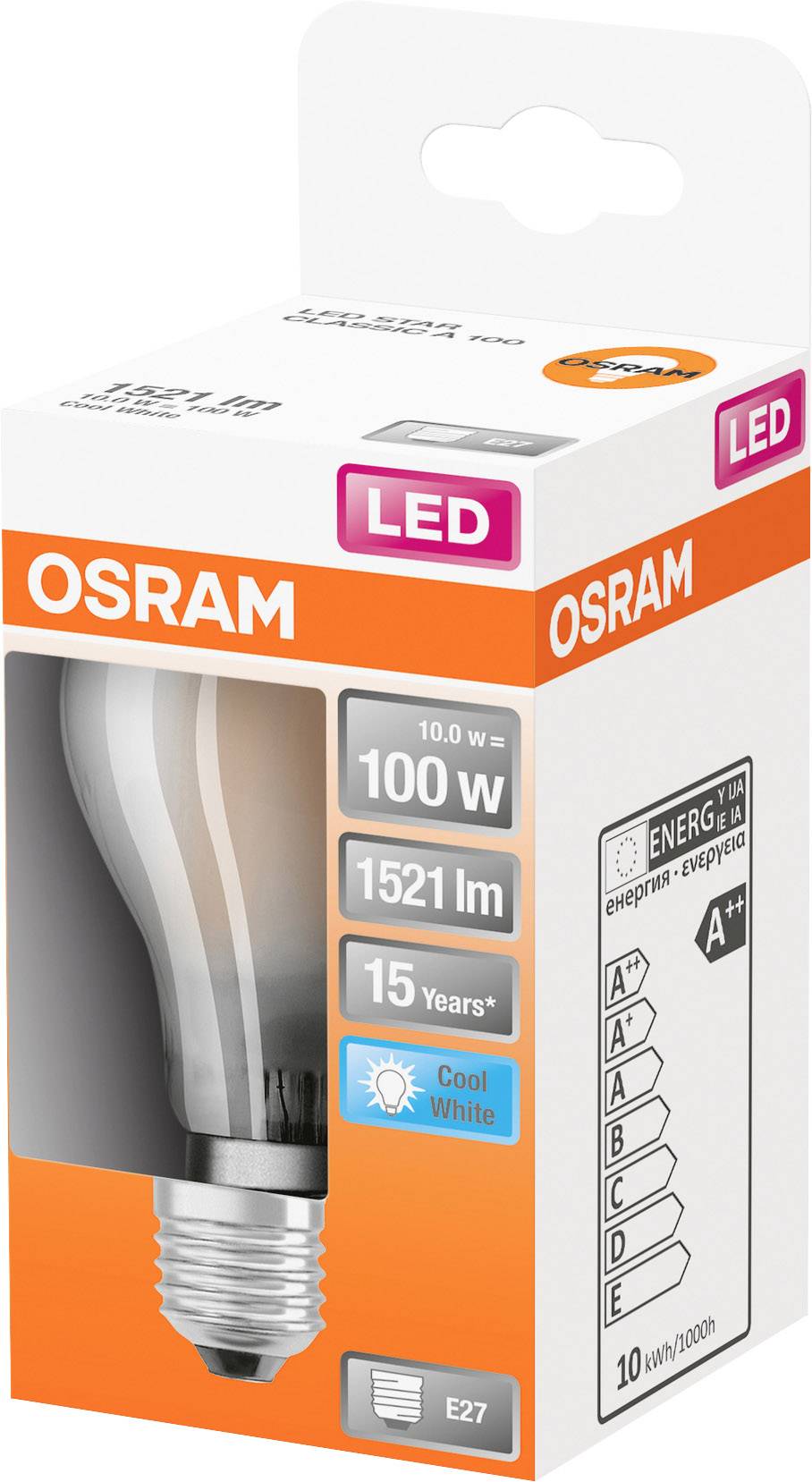 LED-Glühlampe von OSRAM, 100W, 1521 lm, 15 Jahre Lebensdauer, Farbtemperatur 'Cool White', Energieklasse A++. Verpackung zeigt Produktinfos.