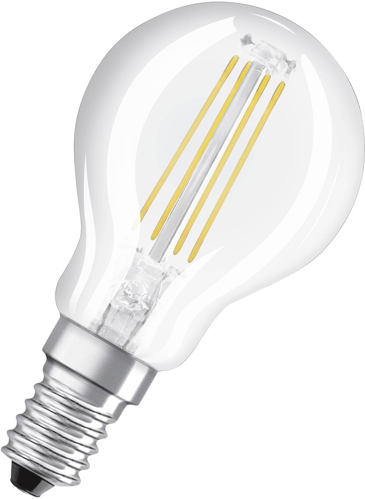 LED-Glühbirne mit Edison-Schraubgewinde, transparentem Glas und gelben Filamenten gegen weißen Hintergrund.
