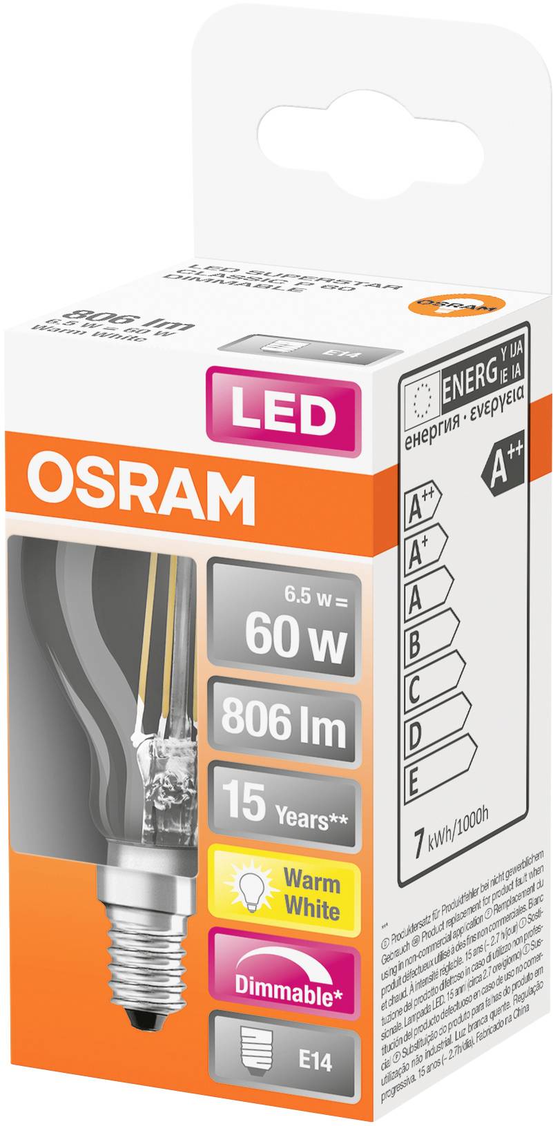 Eine LED-Glühbirnenverpackung der Marke OSRAM. Die Lampe hat 60 Watt, 806 Lumen, ist dimmbar, warmweiß und hat eine Energieklasse A+.