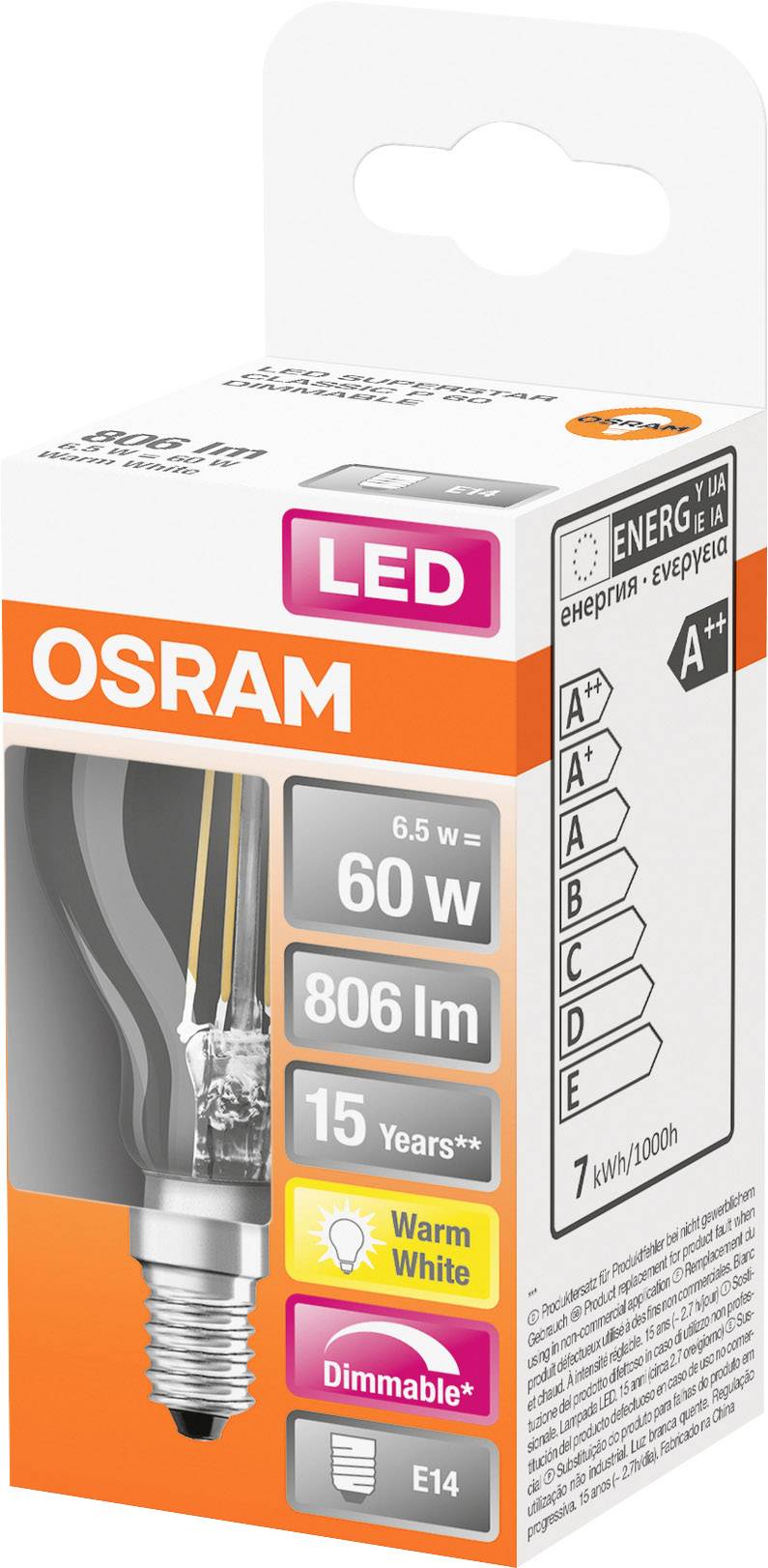 Verpackung einer OSRAM LED-Glühbirne, E14, 60W, 806 Lumen, warmweiß, dimmbar, Energieeffizienz A+, hält 15 Jahre.