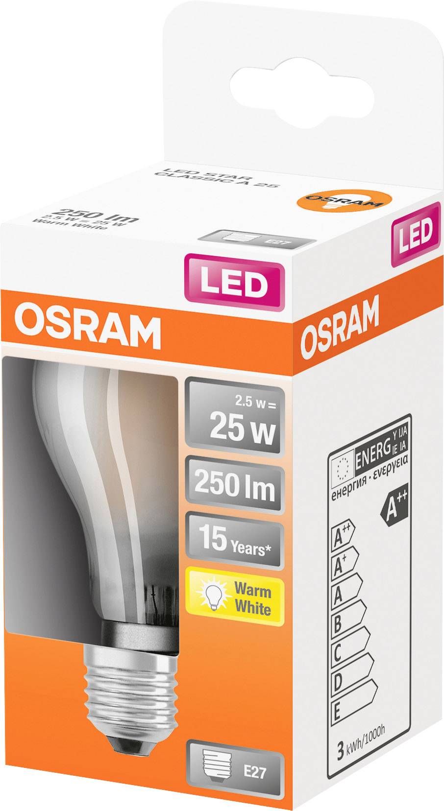 Glühbirne in Verpackung, Marke 'Osram', LED, 25W, 250lm, 15 Jahre Lebensdauer, warmweiß, Energieeffizienzklasse A++.