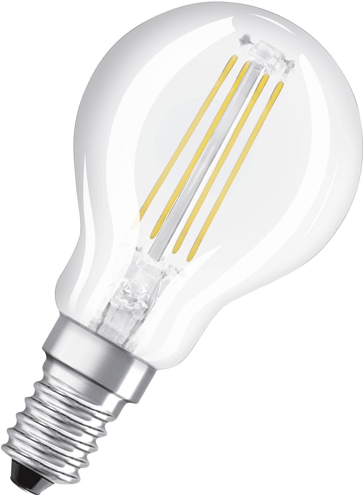 LED-Glühbirne mit klarem Glas und Filamenten, dargestellt auf weißem Hintergrund.