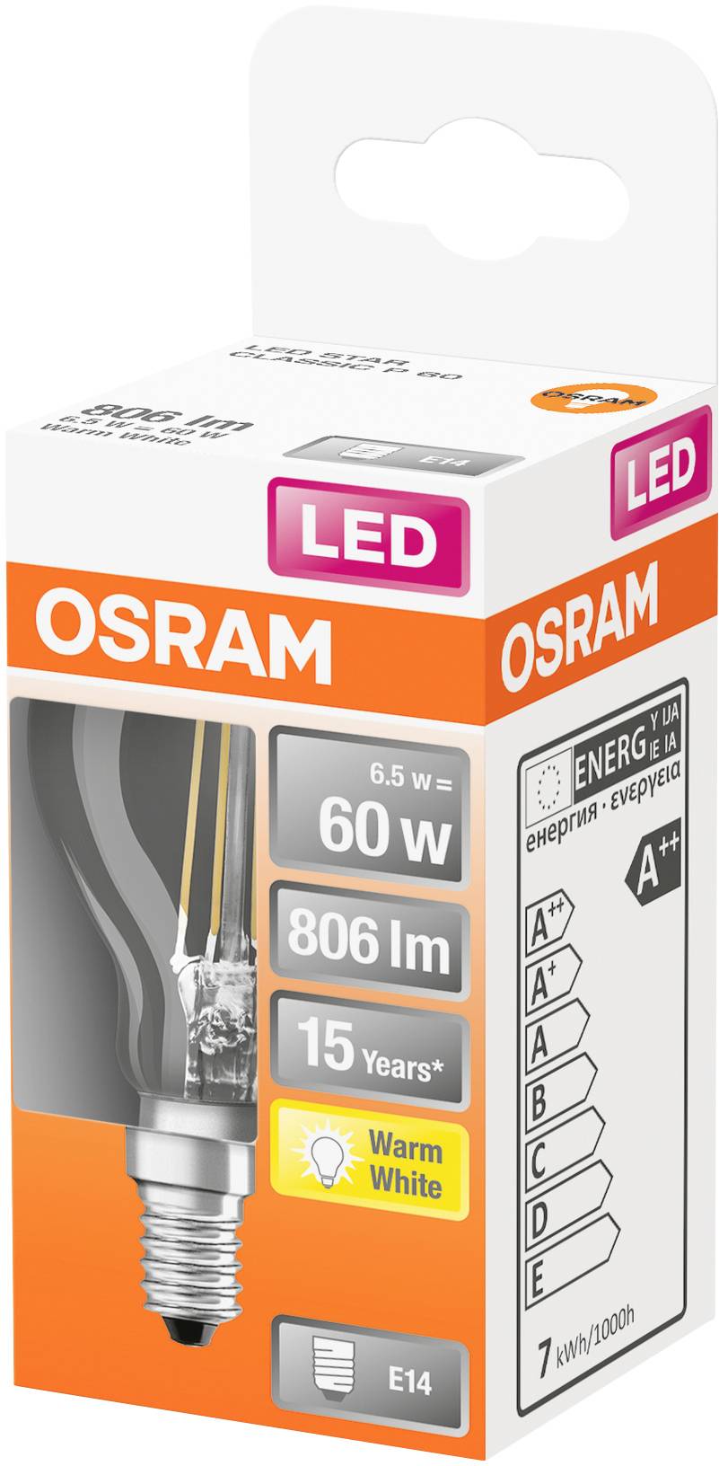 Eine OSRAM LED-Glühbirnenverpackung mit Angaben: 6,5 W Leistung, 806 Lumen, 15 Jahre Lebensdauer, E14-Fassung, warmweißes Licht.