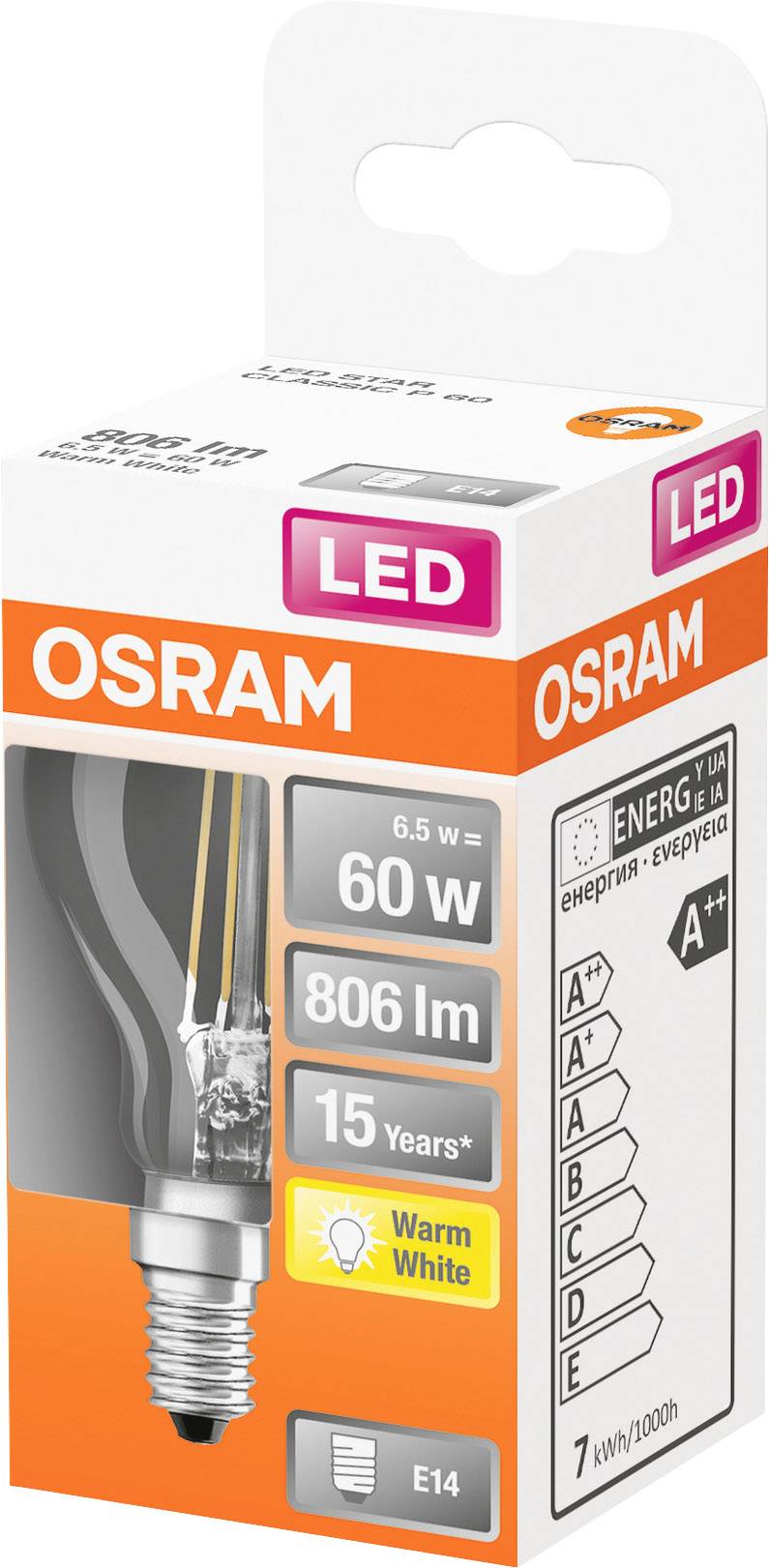 Osram LED-Lampe Verpackung: 6,5W ersetzt 60W, 806 lm, E14-Fassung, Warmweiß, Energieeffizienzklasse A++, Lebensdauer 15 Jahre.