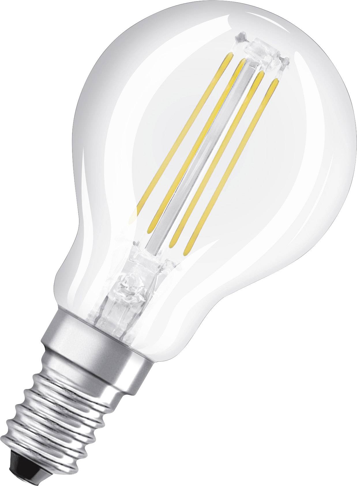 Eine LED-Glühbirne mit E14-Sockel zeigt innen gelbe Fäden, die energieeffiziente Beleuchtung darstellen.
