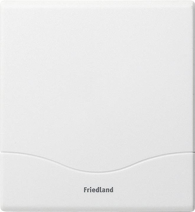 Weiße Kunststoff-Abdeckung mit dem Schriftzug 'Friedland' unten.