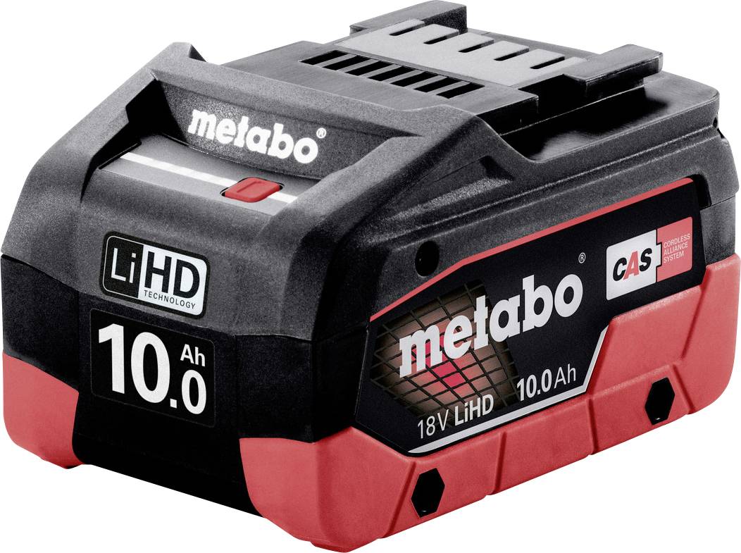 Metabo 18V LiHD 10,0 Ah Akku auf weißem Hintergrund.