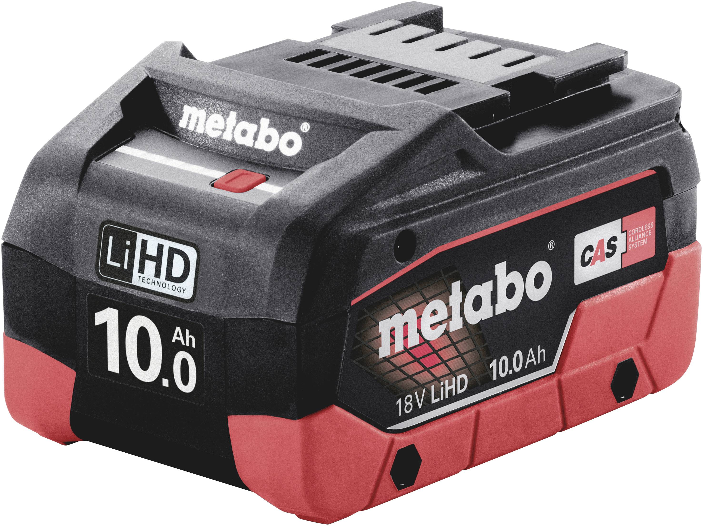 Lithium-Ionen-Akku von Metabo mit 18V und 10Ah, geeignet für verschiedene Werkzeuge.