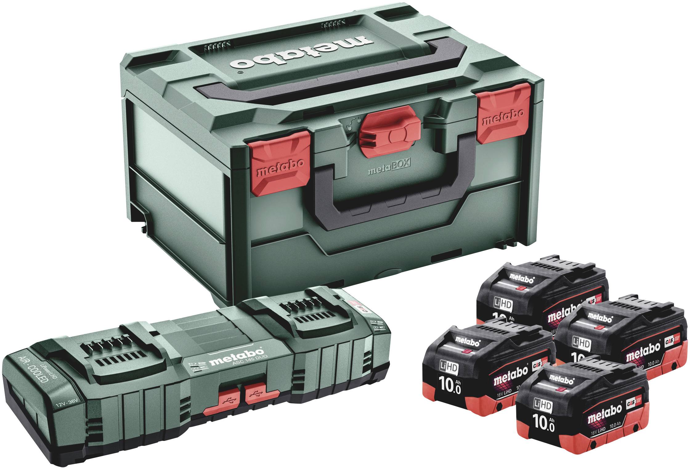 Metabo 685143000 Basic-Set 4x LiHD 10Ah + ASC 145 DUO Werkzeug-Akku und Ladegerät 18V 10Ah LiHD