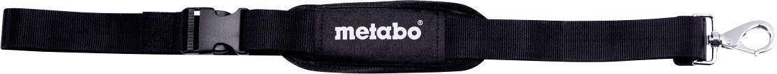 Schwarzer verstellbarer Schultergurt mit Metallhakenklemmen und gepolstertem Mittelteil mit der Aufschrift „metabo
