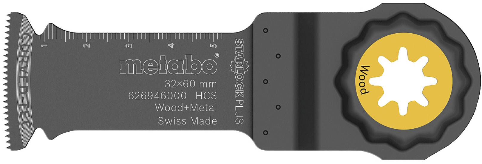 Sägeblatt für Holz und Metall, 32x60 mm, gebogen, Marke Metabo, Swiss Made. Für STARLOCK PLUS Systeme, schwarz mit gelbem Ring.
