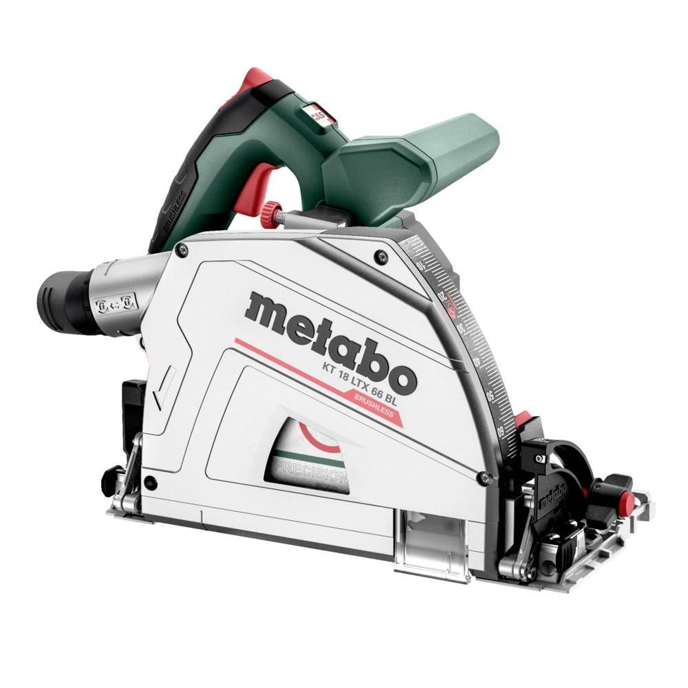 Ein Metabo-Elektrowerkzeug, genau das Modell KT 18 LTX 66 BL, das zum Schneiden verwendet wird. Es verfügt über einen grün-roten Griff und einen silbernen Korpus.