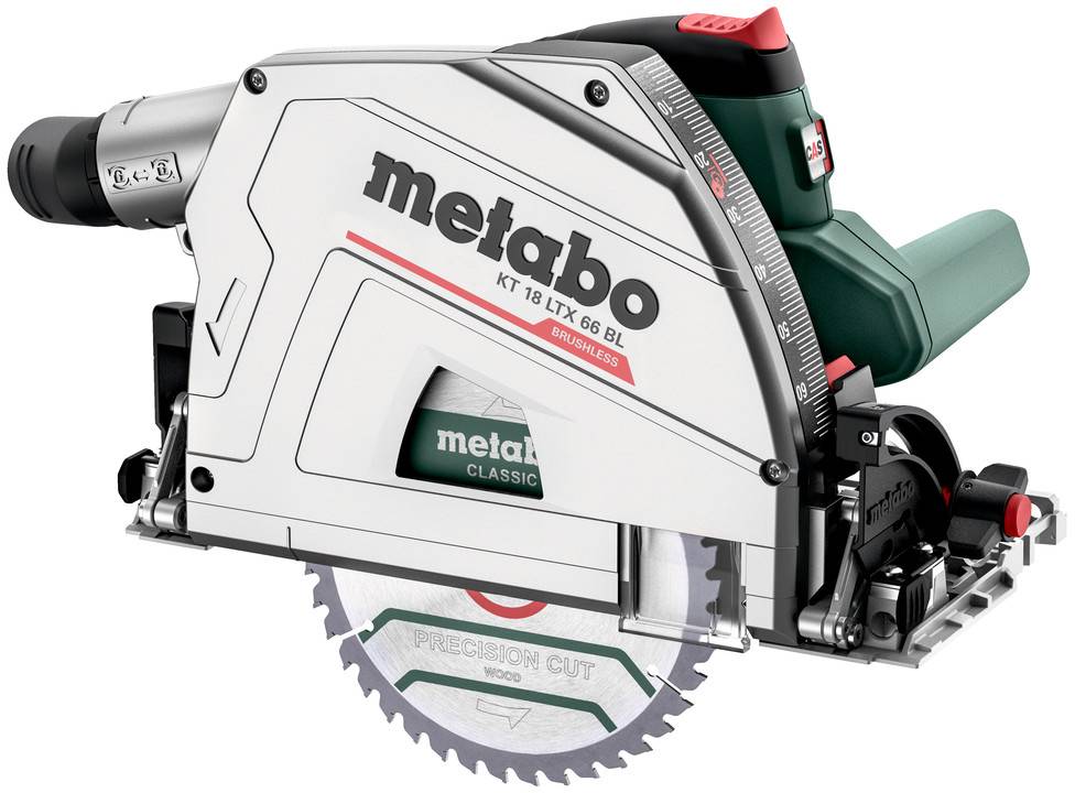Metabo Akku-Handkreissäge mit Staubabsauganlage und sichtbarem Sägeblatt, in Seitenansicht auf weißem Hintergrund dargestellt.