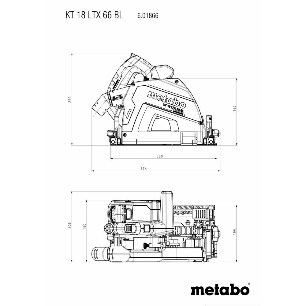 Technische Zeichnung eines Metabo-Werkzeugmodells KT 18 LTX 66 BL, mit beschrifteten Maßen. Die Anordnung zeigt Draufsicht und Seitenansicht.