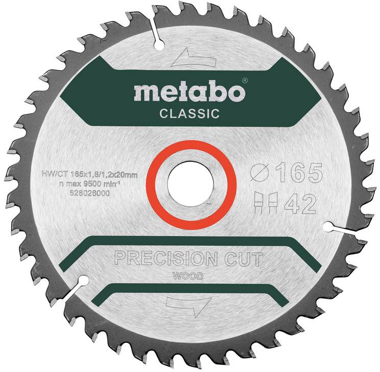 Metabo Classic Kreissägeblatt mit Präzisionsschliff für Holz, 165 mm Durchmesser, 42 Zähne und zentrales Befestigungsloch.