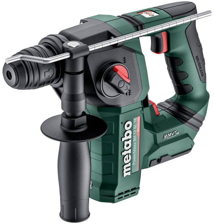 Grüner schnurloses Metabo Bohrhammer mit Seitengriff und Tiefeanschlag, abgebildet auf weißem Hintergrund.
