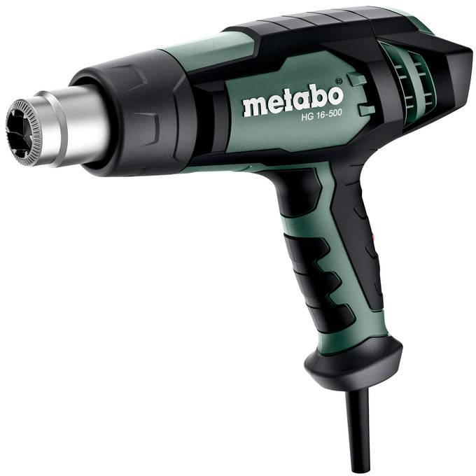 Schwarz-grüne Metabo HG 16-500 Heißluftpistole mit Kabel, in Seitenansicht auf weißem Hintergrund dargestellt.
