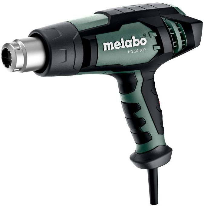 Metabo HG 20-600 Heißluftfön in Seitenansicht auf weißem Hintergrund, mit schwarzem und grünem Gehäuse und angebrachter Düse.