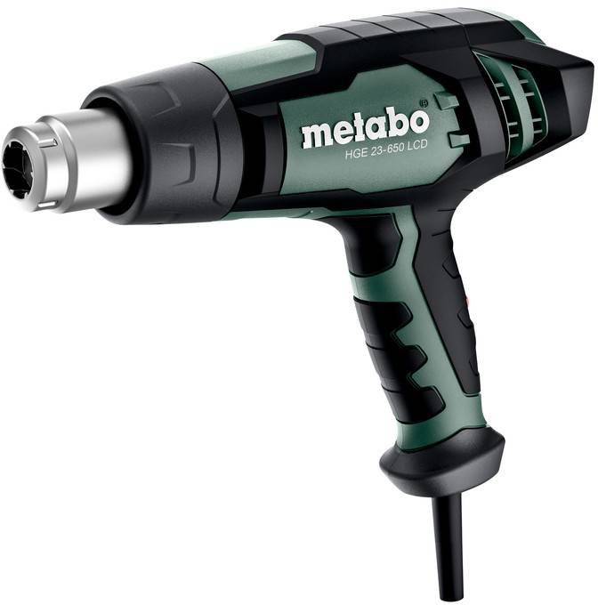 Metabo Elektro-Heißluftpistole mit Pistolengriff, Düsenspitze und Stromkabel auf weißem Hintergrund.