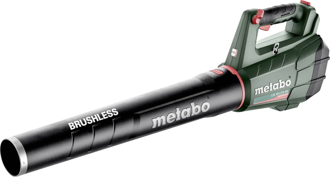 Kabelloses Metabo-Akku-Laubgebläse mit langem schwarzem Aufsatz und grünem Griff auf weißem Hintergrund.