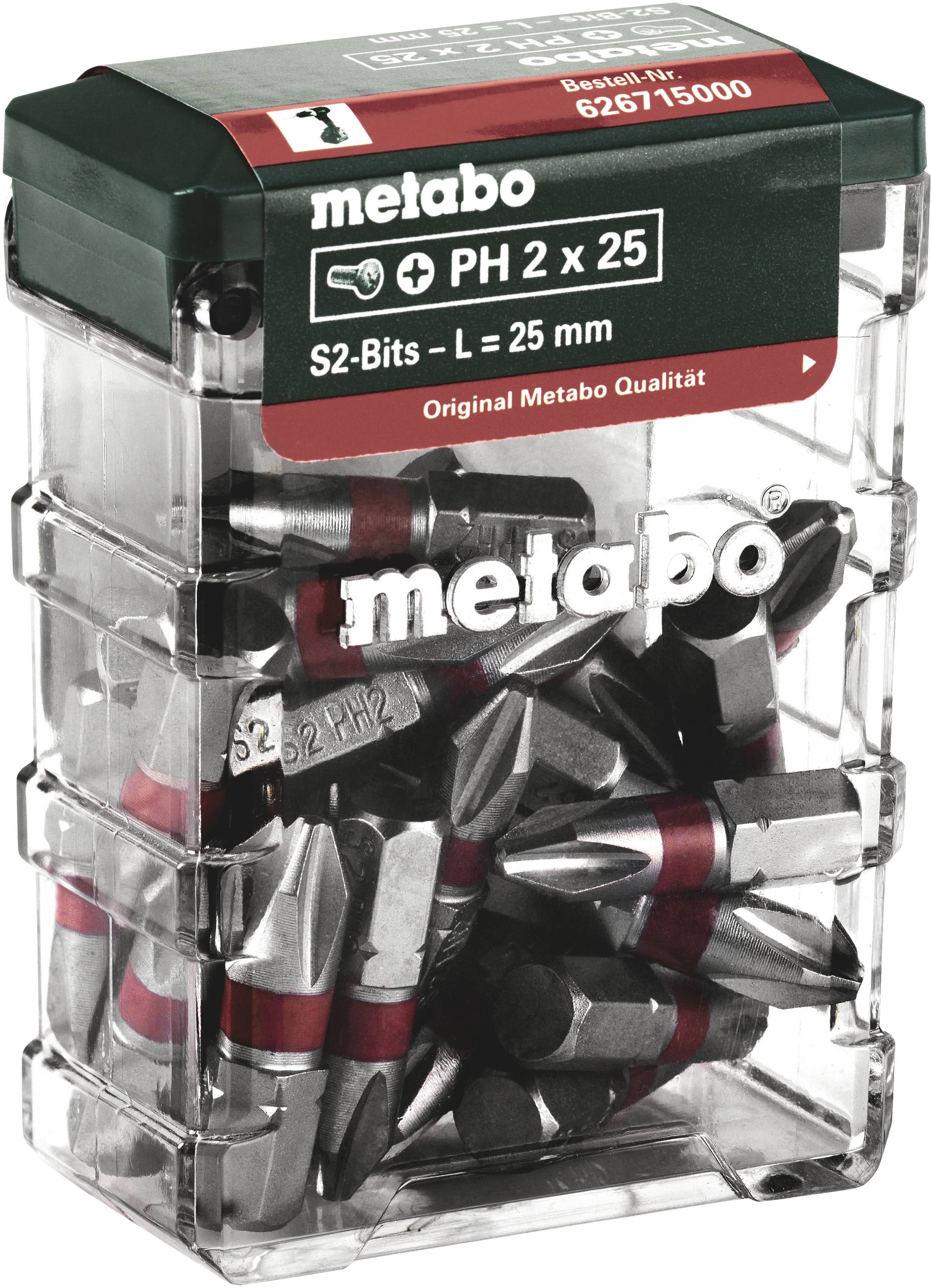 Eine transparente Box mit Metabo Schraubendreher-Bits der Größe PH2 x 25 mm, 25 Stück, in Original Metabo Qualität.