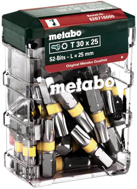 Metabo Schraubendreher-Bit-Satz in einem transparenten Kunststoffkoffer, beschriftet mit 'T 30 x 25' und 'S2-Bits - L = 25 mm'.
