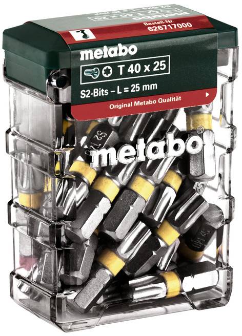 Klarer Kunststoffbehälter mit Metabo T40 x 25 S2 Schrauberbits, beschriftet mit „S2-Bits - L = 25 mm