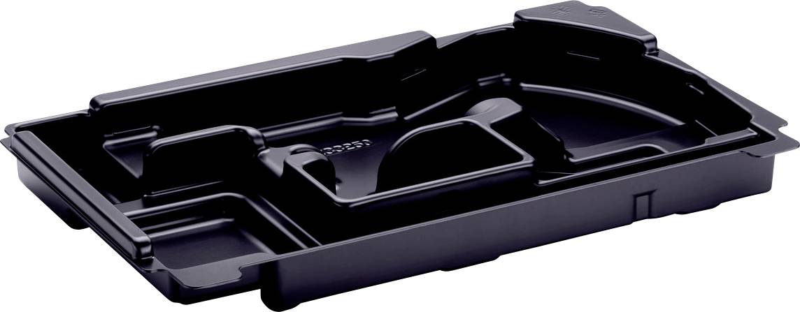 Schwarze Kunststoffpalette mit geformten Fächern und einem zentralen Teiler, vermutlich zur Verpackung oder Organisierung von Gegenständen verwendet.