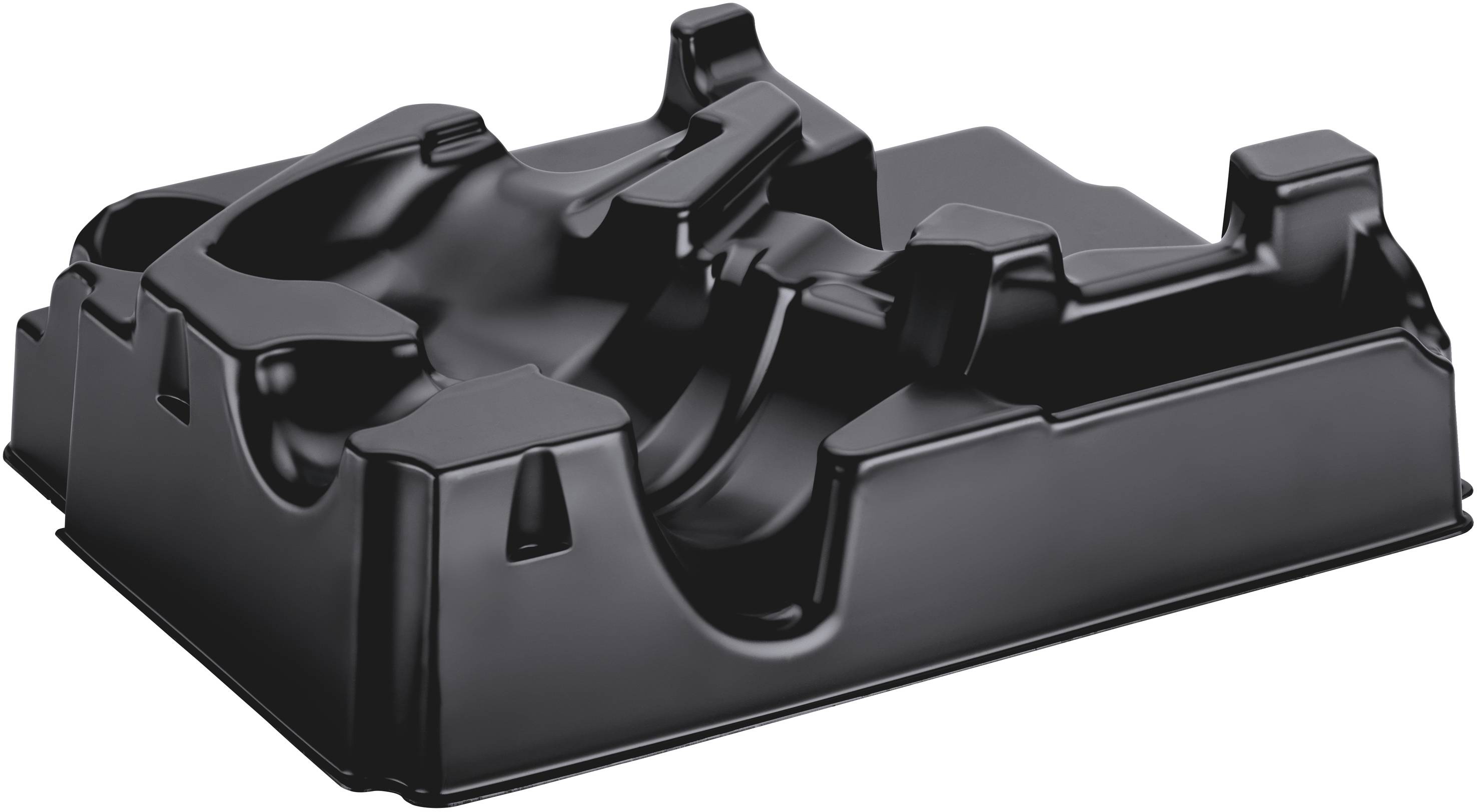 Eine schwarze, geformte Verpackungsschale aus Kunststoff, die als Schutz- oder Versandmaterial dienen kann.