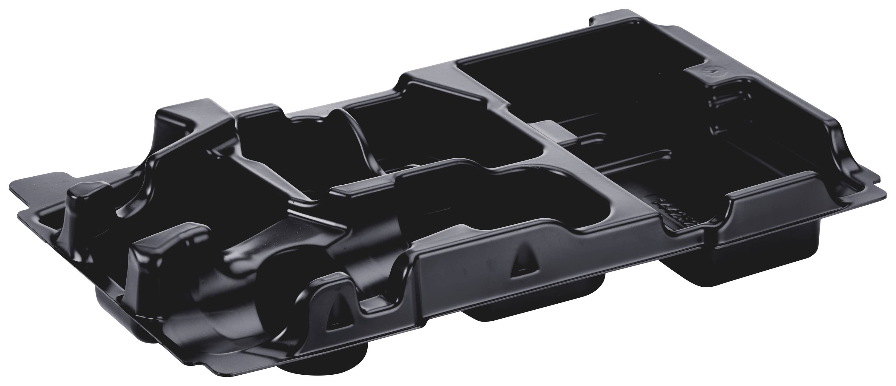 Schwarze Plastikverpackung mit mehreren Fächern, geeignet für die sichere Aufbewahrung von Produkten.