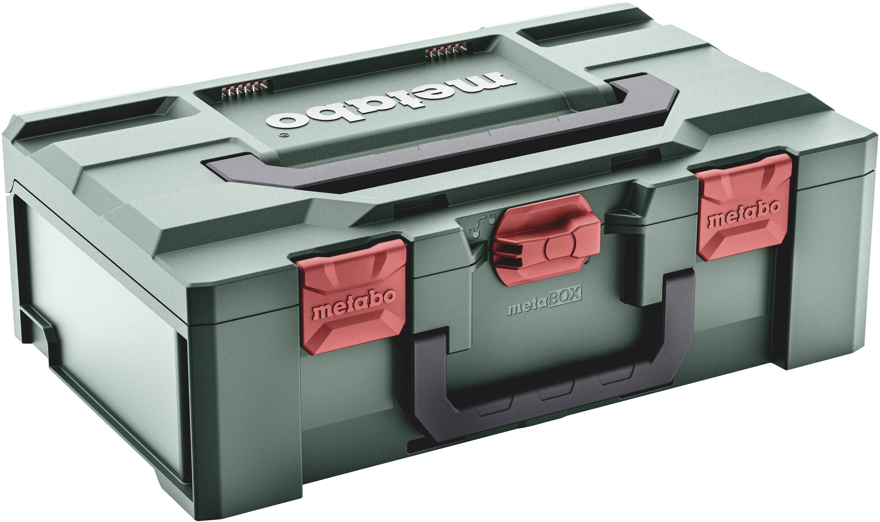 'Grüne Werkzeugbox mit roten Verschlüssen und dem Schriftzug "metabo" auf dem Deckel.'